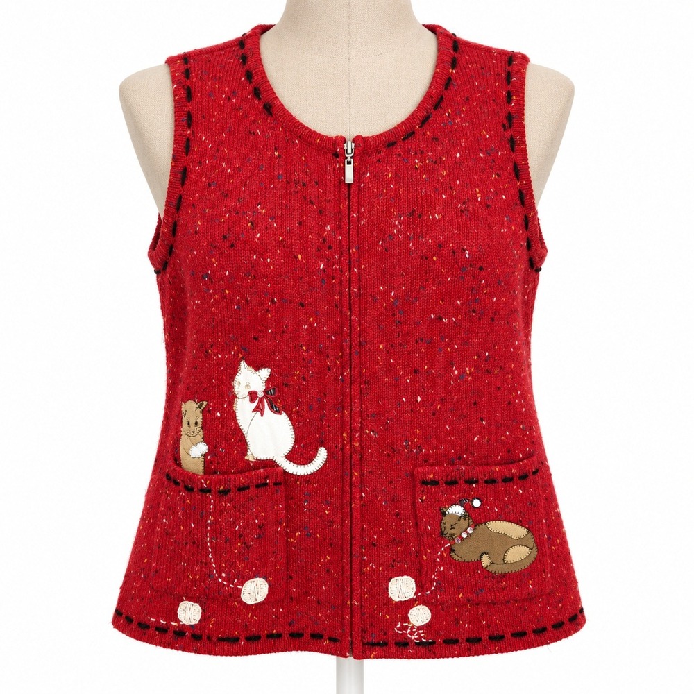 Vintage Y2K Embroidered Cat Holiday Full Zip Sweater Vest Size M Red Cottagecore